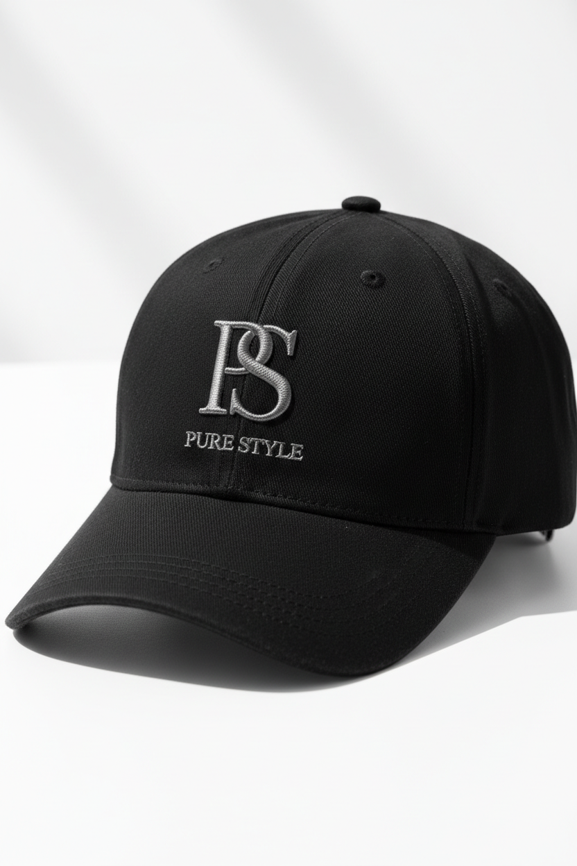 PURE STYLE embroidered PS monogram black cap