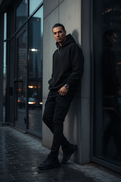 Model wearing PURE STYLE black hoodie