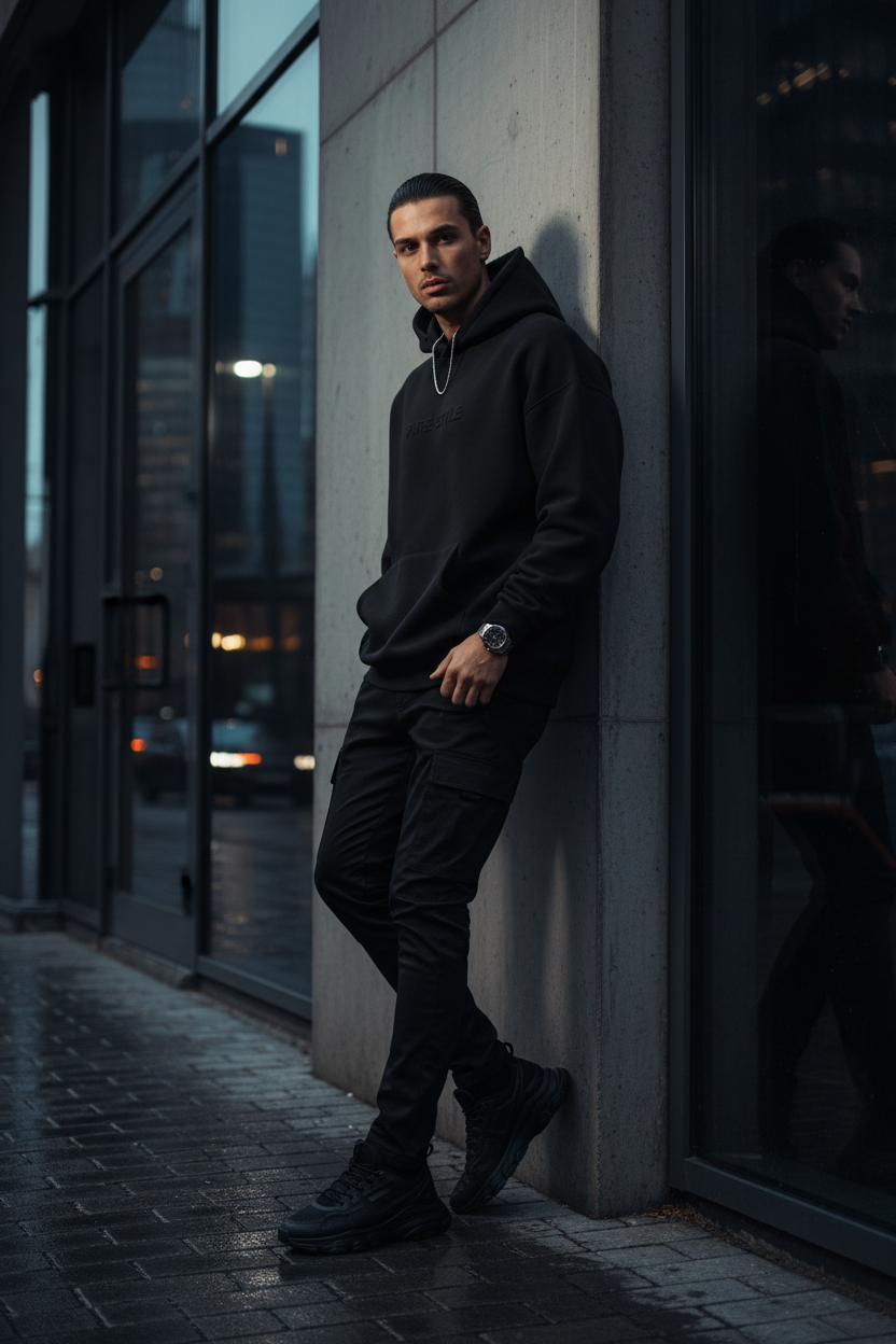 Model wearing PURE STYLE black hoodie