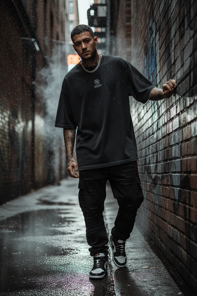 Model wearing PURE STYLE oversized black tee