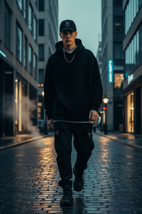 Model wearing PURE STYLE PS monogram black cap